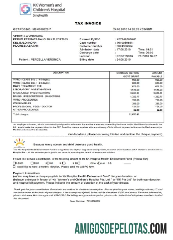 Fatura fiscal do hospital feminino e infantil de Cingapura KK exemplo real